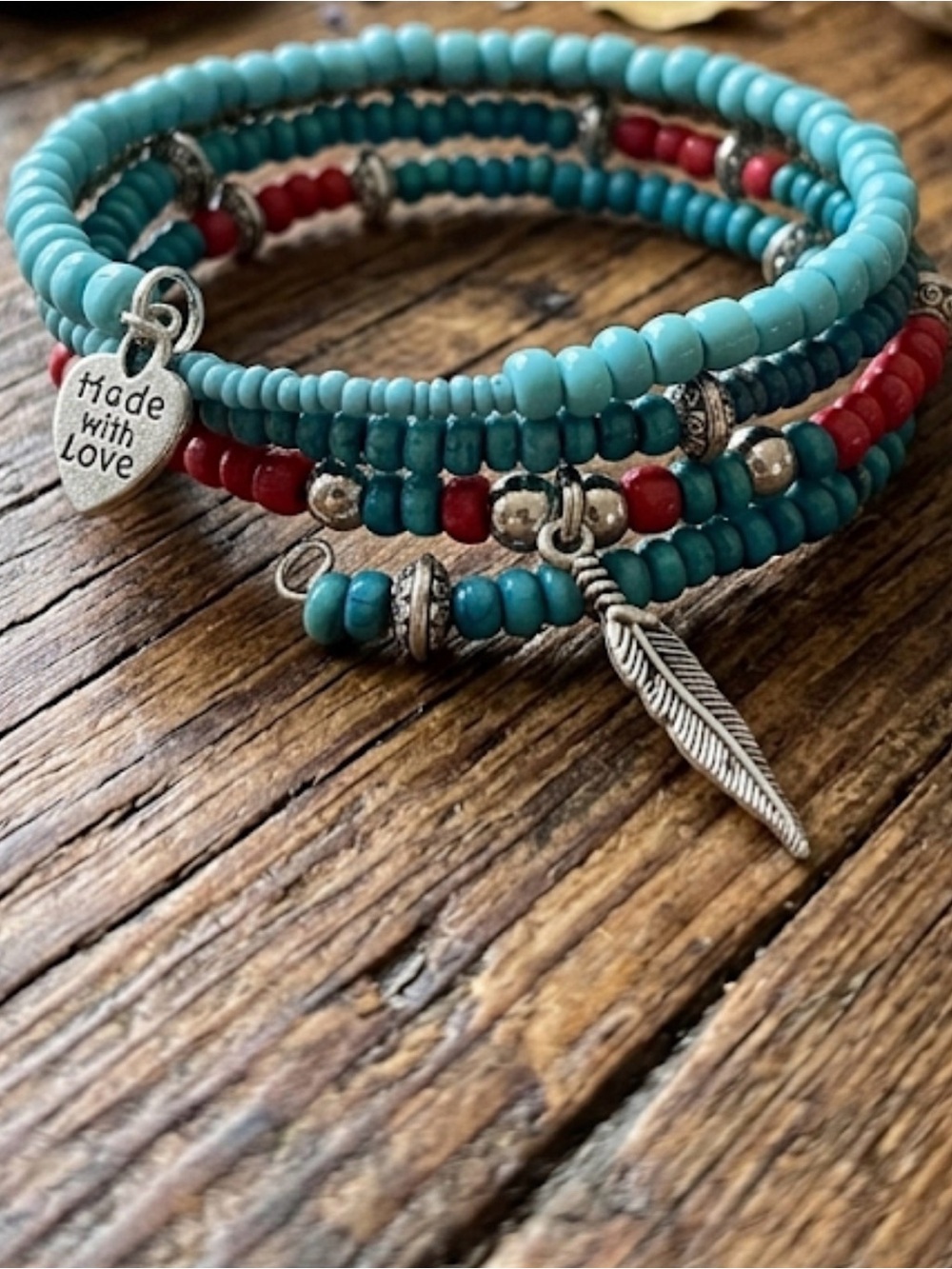 Turquoise & Red Beaded Wrap Bracelet with Feather Charm